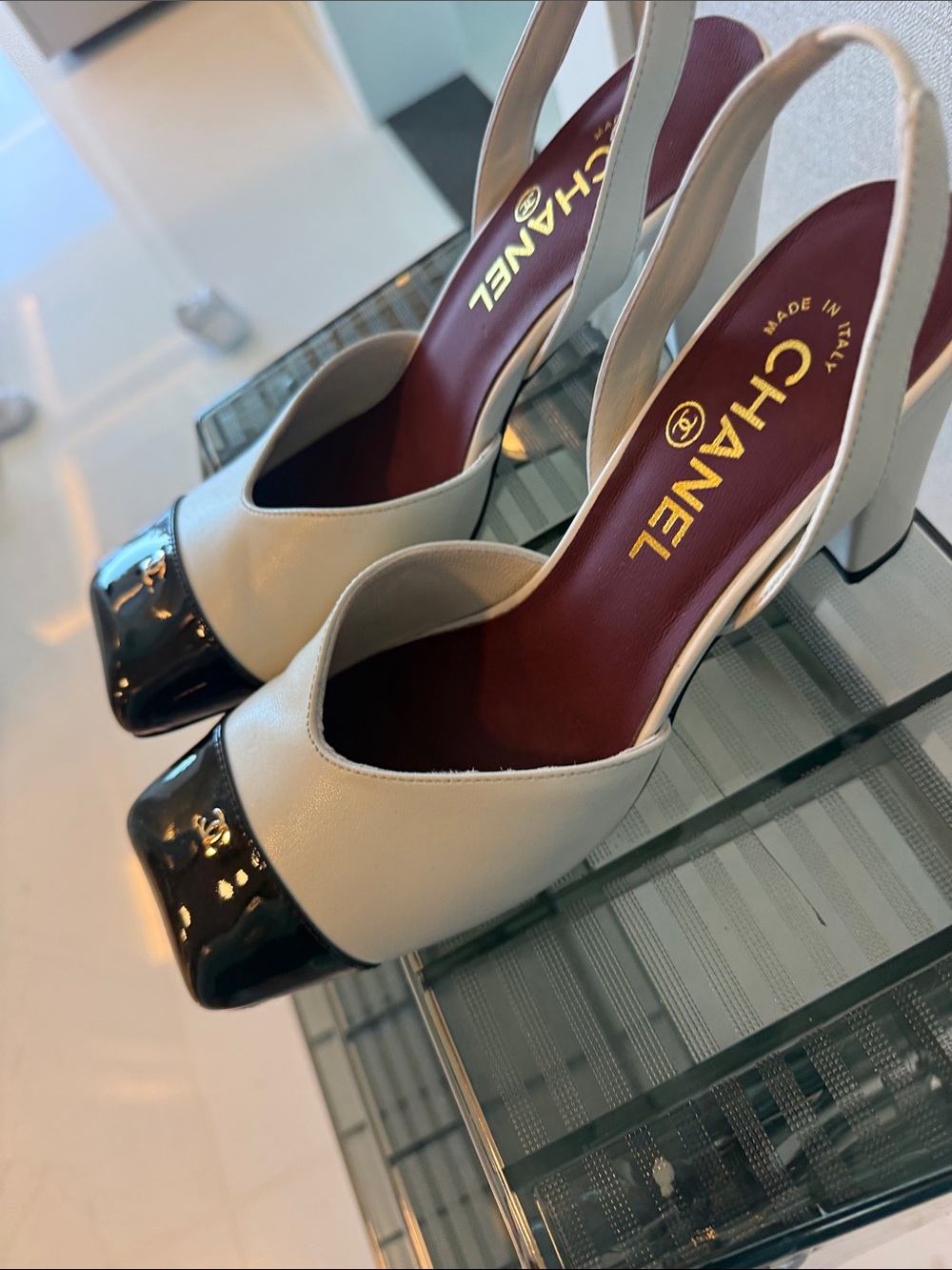 White Leather Slingback Pumps with Black Patent Cap Toe - Picture 3 of 4
